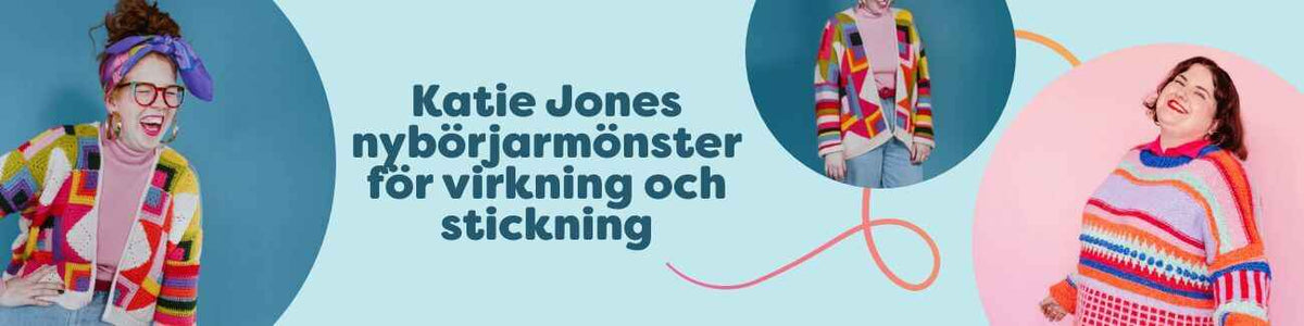 Färgstarka Katie Jones-mönster för virkning och stickning: koftor, tröjor och babybonnets – nybörjarvänliga projekt från Hobbii.