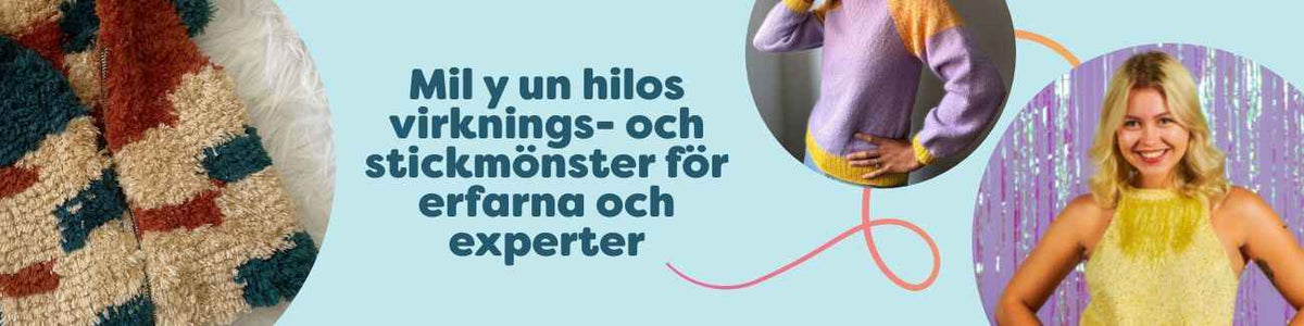 Kollage med avancerade virk- och stickprojekt – tröja, topp och väst i garn från Hobbii, riktade till erfarna och experter.