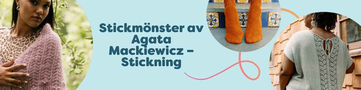 Kollektion med stickmönster av Agata Mackiewicz hos Hobbii: sjal, sockor och topp med textur, för medelnivå.