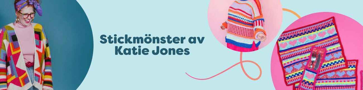 Kollektion: Stickmönster av Katie Jones hos Hobbii – färgstarka projekt som kofta, tröja, hemprojekt och julstrumpa för mellannivå.