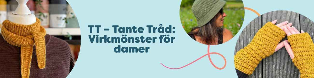 Kollektionen TT – Tante Tråd med virkmönster för damer: halsduk, bucket hat, handledsvärmare, tomteluva och mormorsruteväska från Hobbii