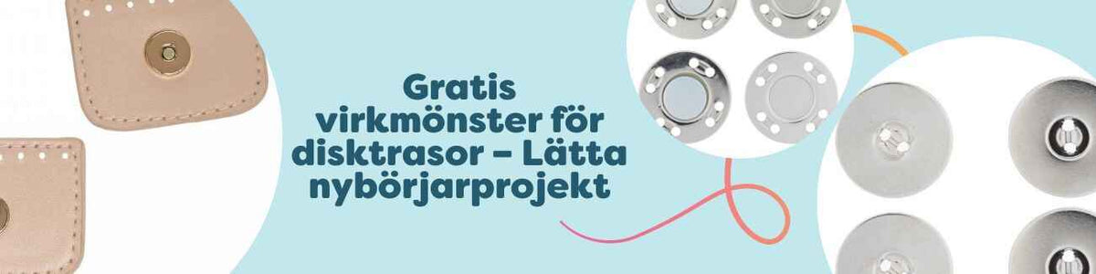 Kollage med gratis mönster på virkade och stickade disktrasor i olika färger, tillsammans med garnnystan, virknål och stickor från Hobbii.