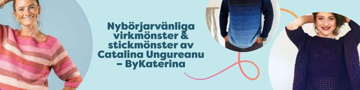 Kollage med nybörjarvänliga virk- och stickmönster av Catalina Ungureanu (ByKaterina) för Hobbii: tröjor, väst och swoncho i mjuka färger.