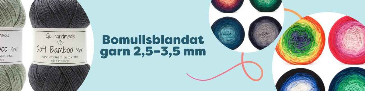 Närbild på bomullsblandade garnnystan (2,5–3,5 mm) i olika färger, lämpliga för stickning och virkning av somriga plagg, accessoarer och babyprojekt.