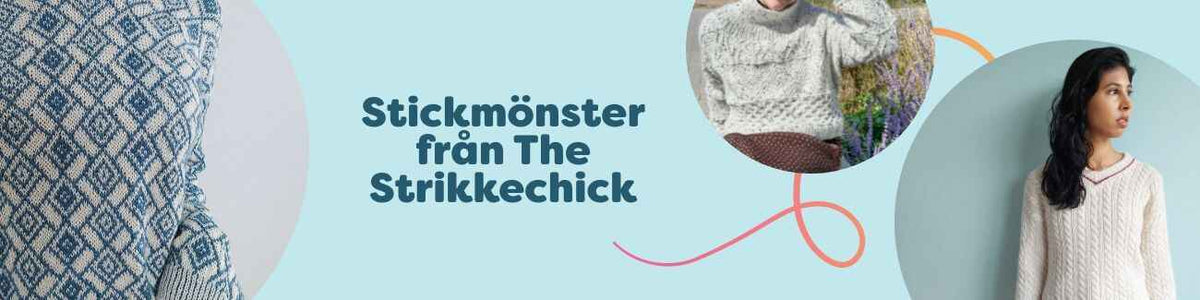 Tre stickmönster för tröjor från The Strikkechick – Azulejo, Slate och Tinseltown – visade på modeller i olika färger, hos Hobbii.