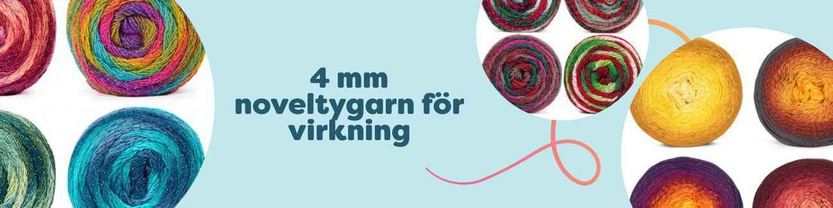Närbild av 4 mm noveltygarn och effektgarn för virkning i glittriga och melerade färger från Hobbii, nystan arrangerade med virknål 4 mm.