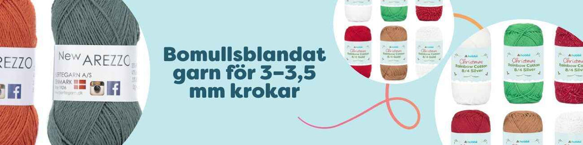 Bomullsblandade garnnystan för 3–3,5 mm krokar i olika färger, perfekta för virkning och stickning.