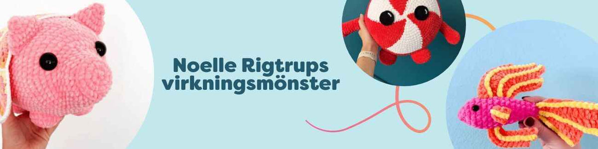 Kollektion med Noelle Rigtrups virkmönster: amigurumi som julgris, nötknäppare, bettafisk och mantarocka – för medelerfarna virkare.