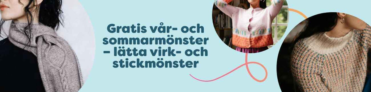 Kollage med gratis vår- och sommarmönster från Hobbii: sjal med hålmönster, kofta, texturerad tröja, bandana och mössa i lätta garnkvaliteter.
