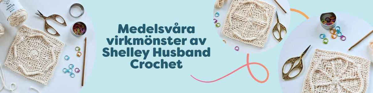 Kollektionsbild med medelsvåra virkmönster av Shelley Husband Crochet: fyra Compass Rose-grannyrutor (North, East, South, West) virkade i harmoniska färger från Hobbii.
