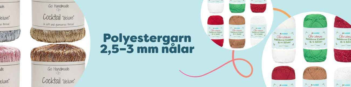Polyestergarn 2,5–3 mm i flera färger, nystan uppställda på bord – för virknålar/stickor 2,5–3 mm.