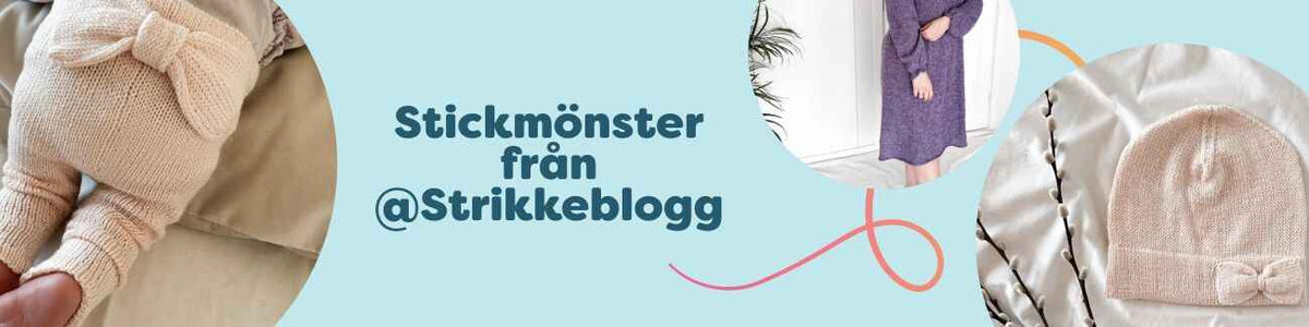 Kollektion med stickmönster från @Strikkeblogg för barn: klänning, mössa, tights och set i koordinerade Bow- och Vinterdrøm-designs, fotograferade i mjukt garn.
