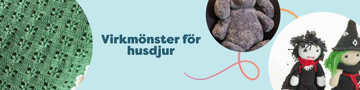 Kollektion med virkmönster för husdjur: hundfiltar, bandanas, leksaker och tillbehör i olika färger från Hobbii.