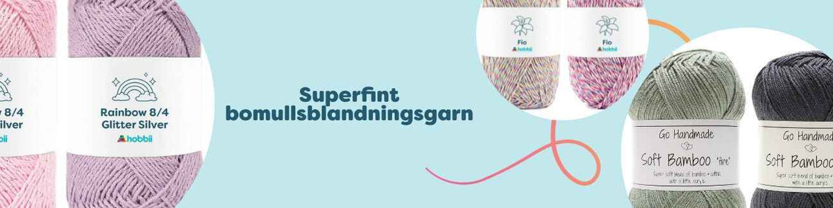 Nystan av superfint bomullsblandningsgarn i flera färger, inkl. glitter, bambu och linne – för stickning och virkning från Hobbii.