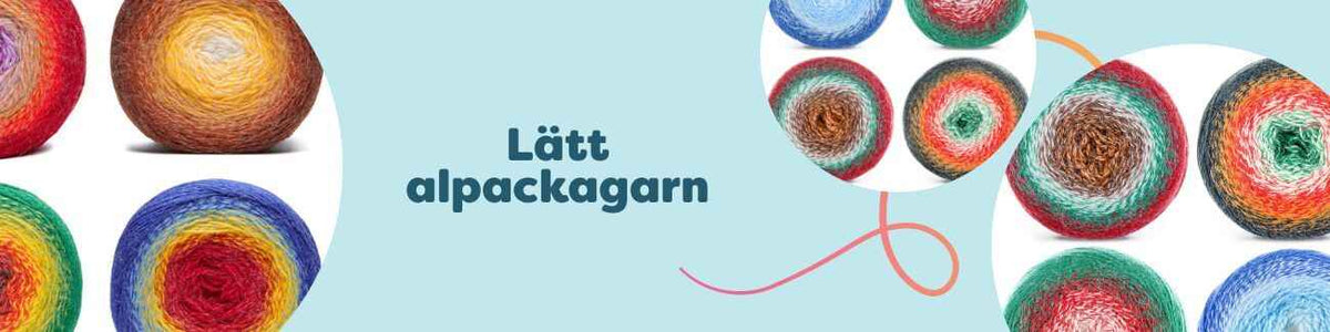Hyllor med lätta alpackagarn i nystan och cakes, som Wheel of Alpaca, Sterk och Alpaca Classic, i mjuka färger hos Hobbii.