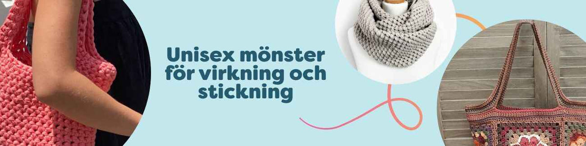 Kollektion med unisex-mönster för virkning och stickning: halsdukar, mössor och väskor i neutrala färger, presenterade med garn och nålar.