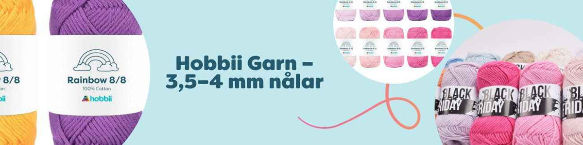 Färgglada Hobbii-nystan för 3,5–4 mm stickor och virknålar, bomull 8/8 och fler kvaliteter, samlade för stick- och virkprojekt.
