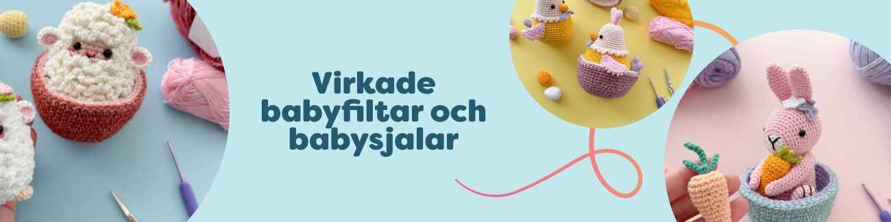 Virkade babyfiltar och babysjalar i mjuka pastelltoner, vikta i en hög med matchande garnnystan och virknål från Hobbii.