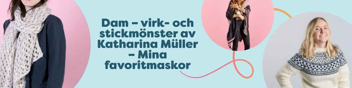 Kollage med damprojekt i garn: sjal, scarf, pannband och tröja – virk- och stickmönster av Katharina Müller från Hobbii
