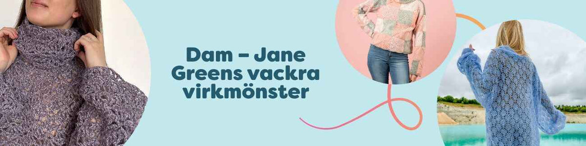 Hobbii-kollektion med virkade damplagg av Jane Green – tröjor och toppar som Cloud Shell och Hello Squares, i mjuka garner på mellansvår nivå.