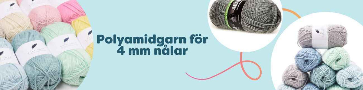 Kollektion av polyamidgarn för 4 mm stickor och virknålar i harmoniska färger, idealiska för sockor, babyplagg och accessoarer, upplagda på ett bord.