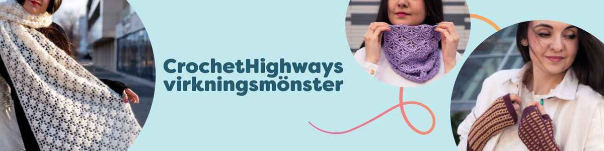 Kollektion med CrochetHighways virkmönster hos Hobbii – sjal, halskrage, halvvantar, smal halsduk och mössa för mellansvår nivå.