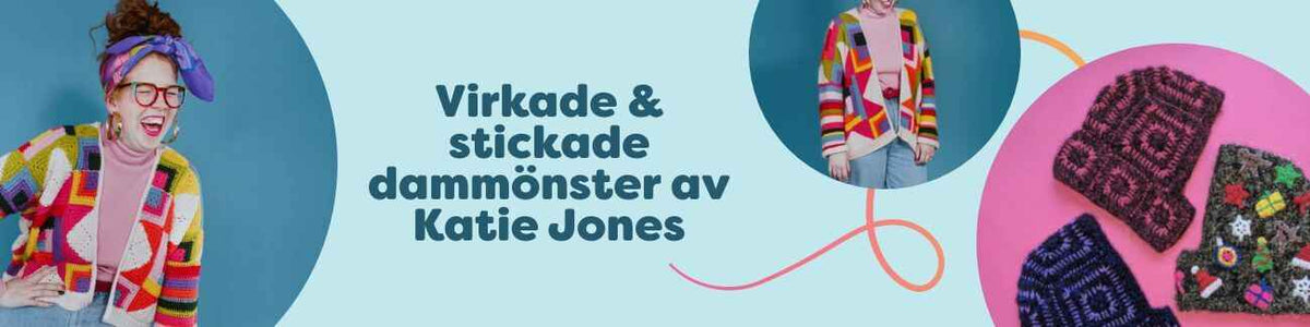 Färgstark kollektion med virkade och stickade dammönster av Katie Jones – koftor och tröjor i flera färger, stylade med garn från Hobbii.