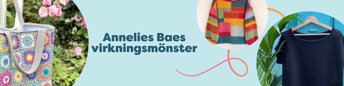Kollektion med virkningsmönster av Annelies Baes: väskor, tröjor, toppar, T‑shirts och sjalar i mellansvår nivå hos Hobbii.