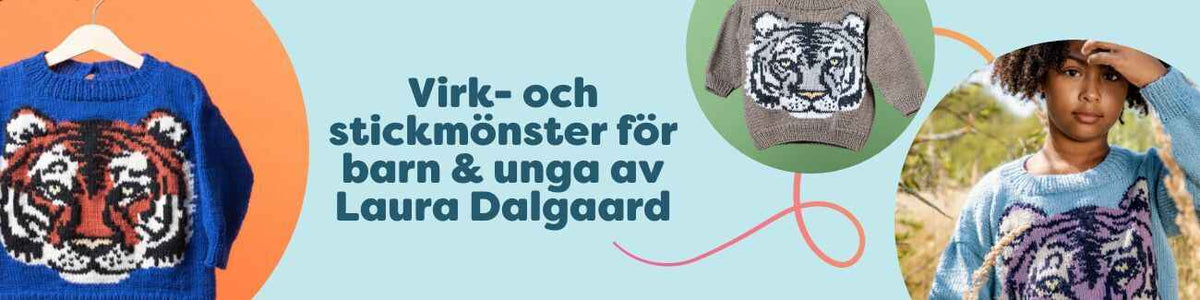 Barntröjor med tigermotiv i flera färger, mönster av Laura Dalgaard för Hobbii
