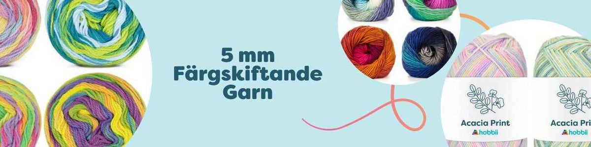 Flera nystan 5 mm färgskiftande garn i olika toner, upplagda tillsammans – idealiska för tröjor, halsdukar, filtar och mellansvåra virkmönster.