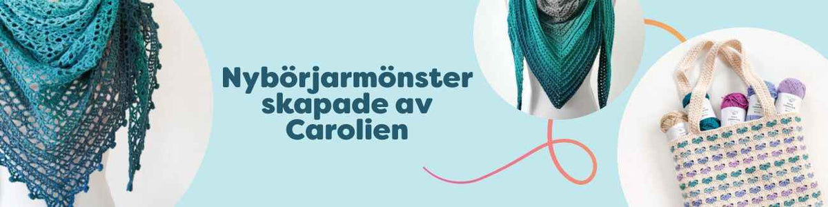 Bild av Hobbii-kollektionen ”Nybörjarmönster skapade av Carolien” med sjalar, halsdukar och väskor i mjuka garnfärger.