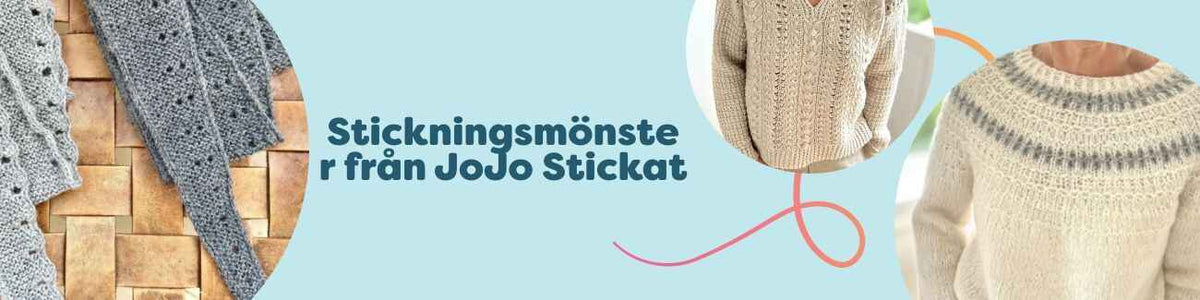 Kollektion av stickningsmönster från JoJo Stickat hos Hobbii – sjalar, tröjor, koftor och accessoarer i olika svårighetsgrader.