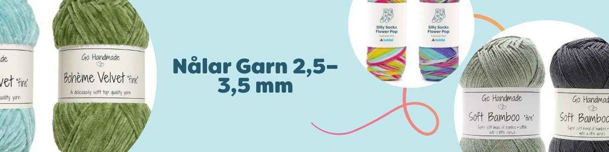 Flera nystan av tunt garn för stickor/virknål 2,5–3,5 mm i olika färger; sockgarn, bambu och sammetsgarn som Silly Socks och Bohème Velvet Fine.