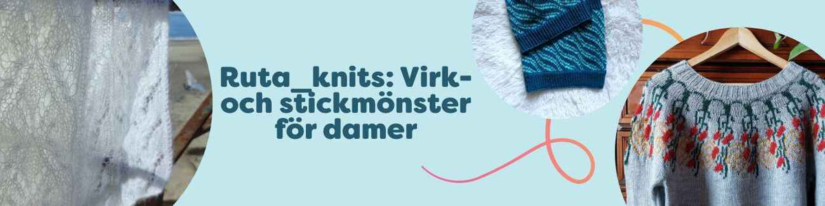 Ruta_knits kollektion med virk- och stickmönster för damer: tröja, halsduk, snodd och mössa i mjuka garner och neutrala toner; nivå nybörjare till mellansvår.