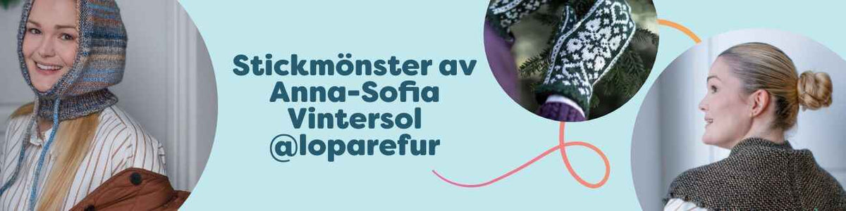 Kollektion av stickade projekt av Anna‑Sofia Vintersol @loparefur för Hobbii: balaclava, vantar, halsduk, sockor och tröja i mjuka vintertoner.