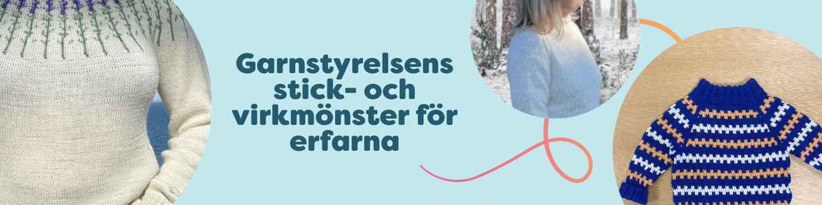 Samlingsbild med avancerade stick- och virkmönster från Hobbii: Lavender Sweater, Snekrystal Sweater, Harald barntröja, Boble Joy kjol och Mandelblomst tröja.