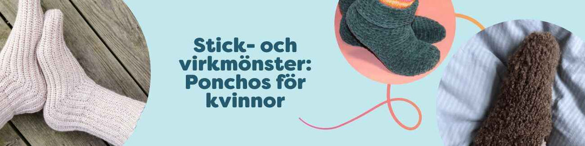 Kollage med damponchos i stickade och virkade modeller i olika garner och färger, som mönster från Hobbii.